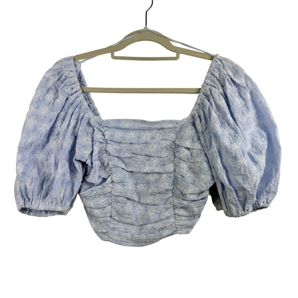 NWT Cottagecore Miou Muse Blue Floral Embroidery Puff Sleeve Cropped Top Medium